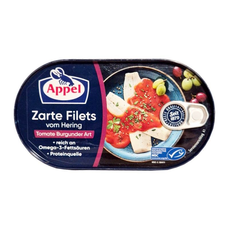 Appel Hering Filets Tomate Burgunder Art filety śledziowe 200g Appel Hering Filets Tomate Burgunder Art filety śledziowe 200g